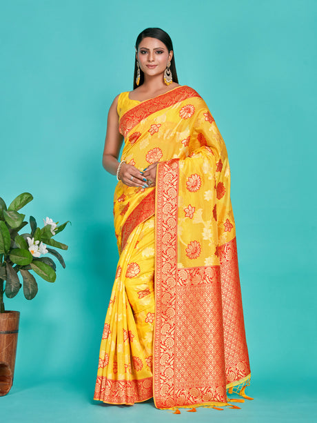 Mimosa Women's Woven Design Banarasi Linen Saree With Blouse Piece : SA00001273GDFREE