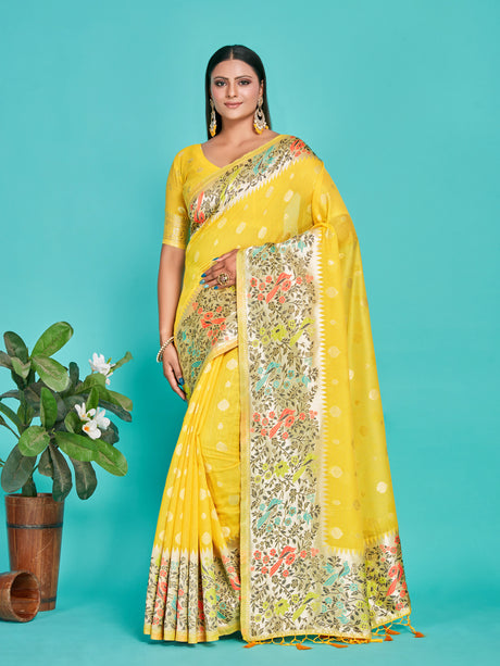 Mimosa Women's Woven Design Banarasi Linen Saree With Blouse Piece : SA00001253GDFREE