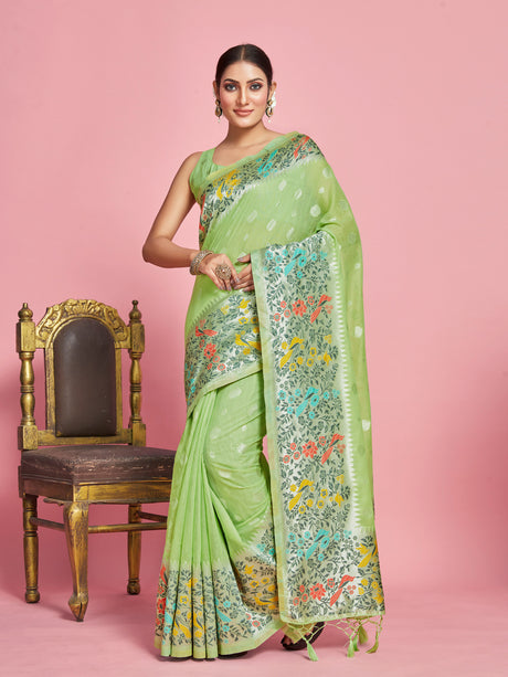 Mimosa Women's Woven Design Banarasi Linen Saree With Blouse Piece : SA00001253LRFREE