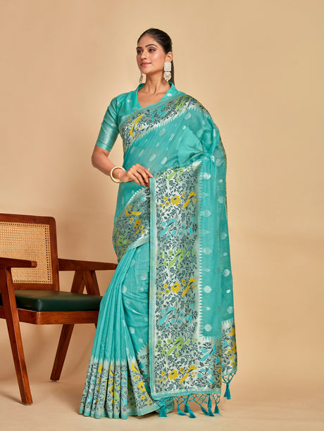 Mimosa Women's Woven Design Banarasi Linen Saree With Blouse Piece : SA00001253SFFREE