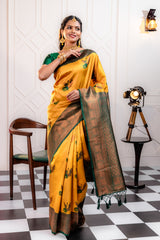 Mimosa Women's Woven Design Kanjivaram Style Art Silk Saree With Blouse Piece : SA00001778YLWFREE