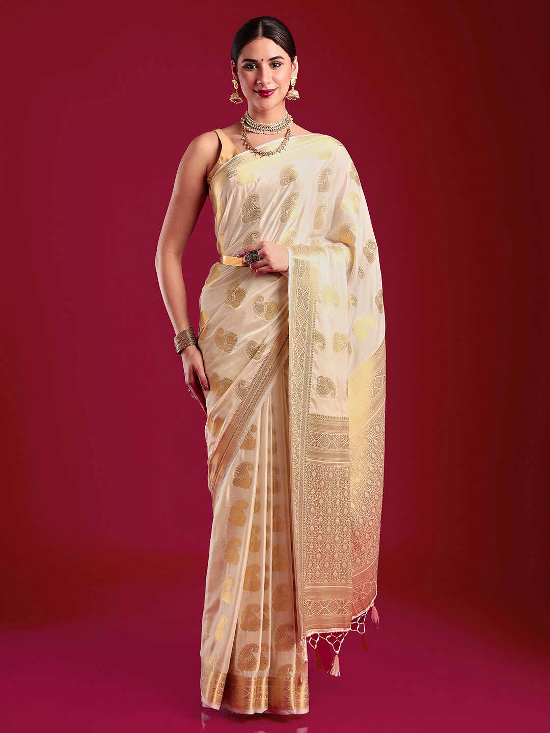 Mimosa Women's Woven Design Kasavu Crepe Saree With Blouse Piece : SA00001201CRFREE