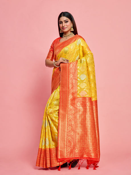 Mimosa Women's Woven Design Kanjivaram Linen Saree With Blouse Piece : SA00001236GDFREE