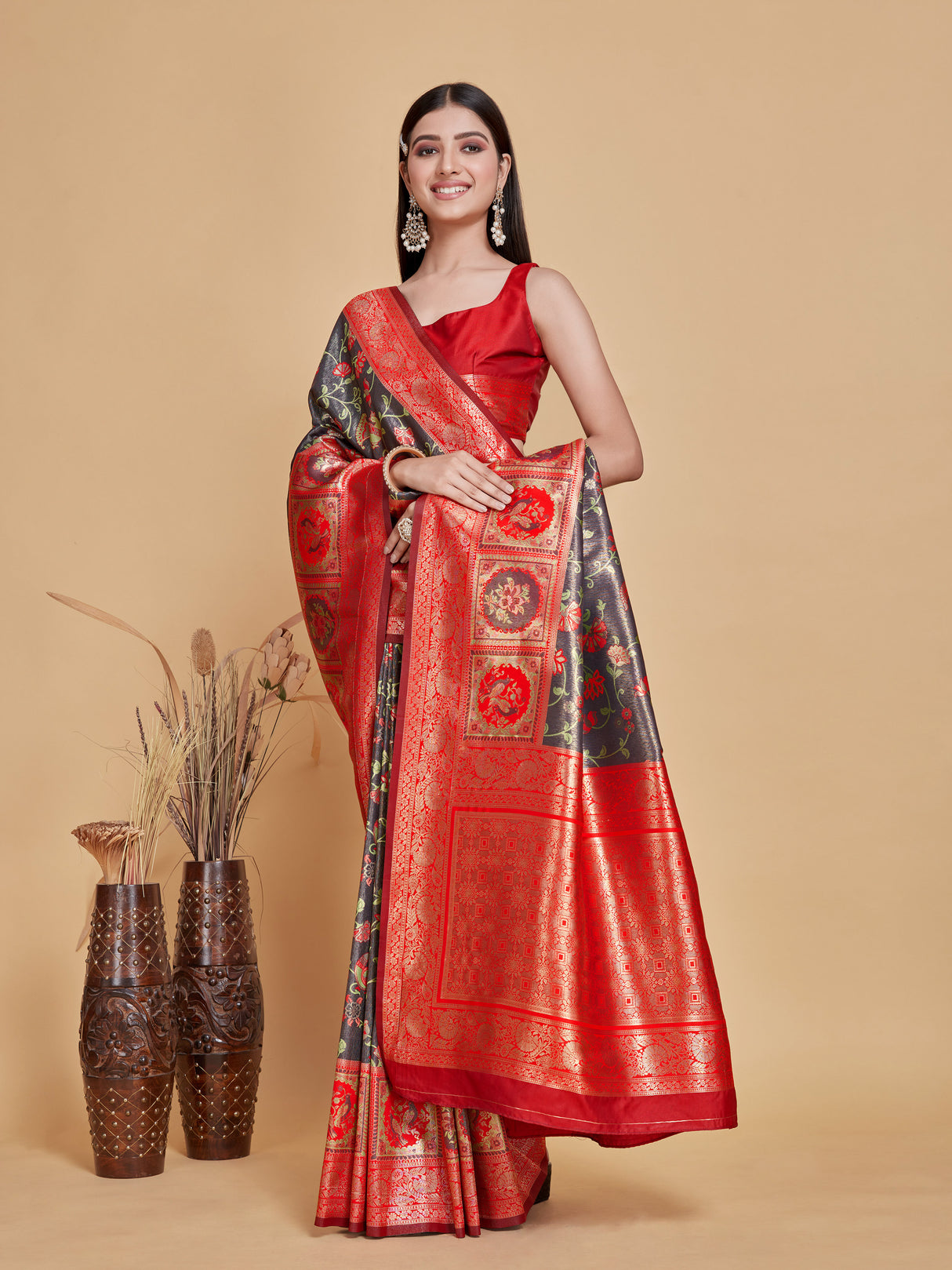 Mimosa Women's Woven Design Patola Style Art Silk Saree With Blouse Piece : SA00001389NVFREE