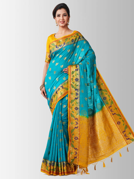 Mimosa Womens Art Silk Saree Kanjivaram Saffire Color