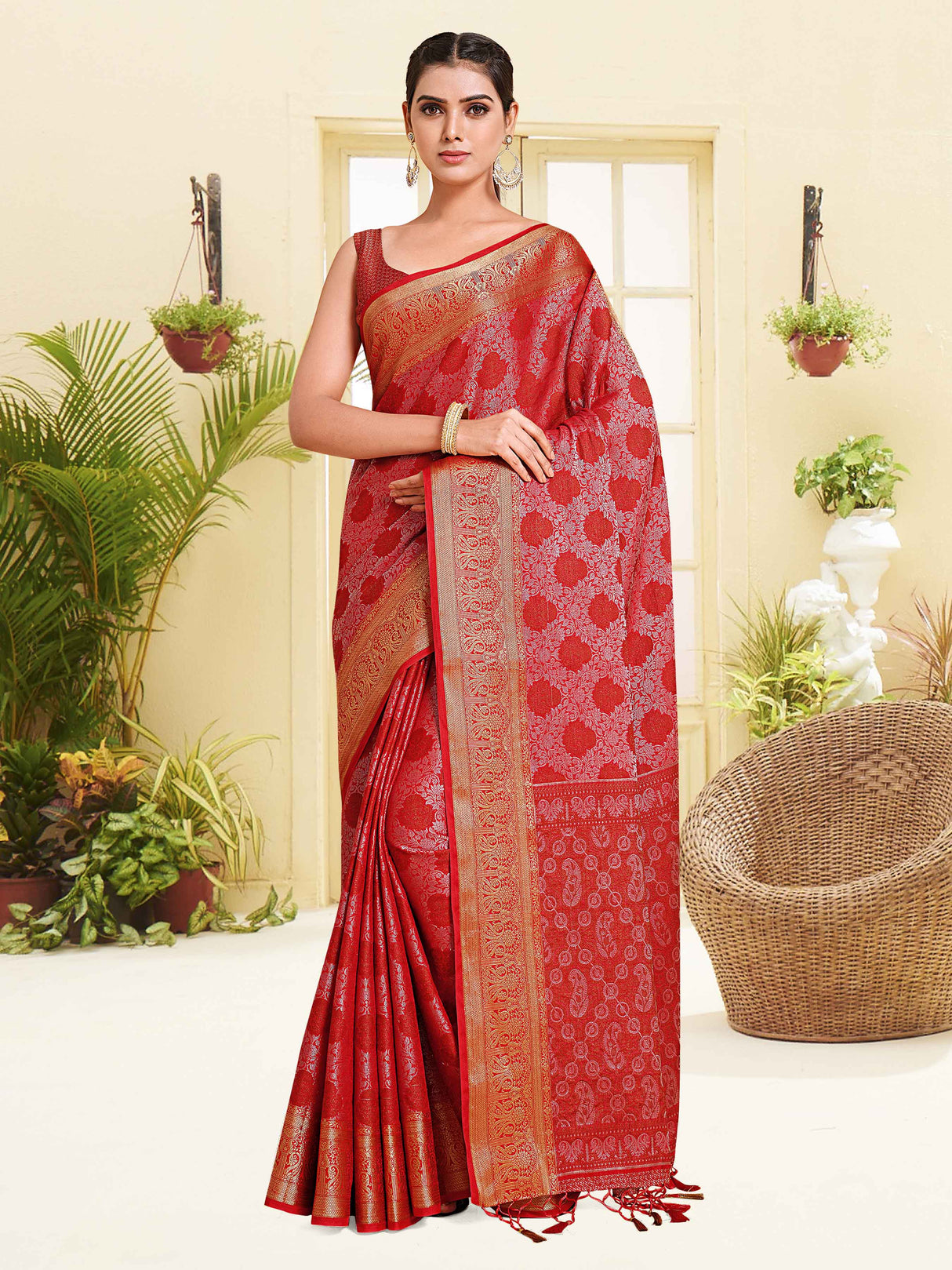 Mimosa Womens Art Silk Saree Kanjivaram Red Color