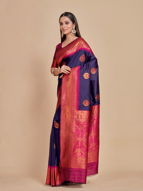 Mimosa Women's Woven Design Kanjivaram Style Art Silk Saree With Blouse Piece : SA00001377NVFREE