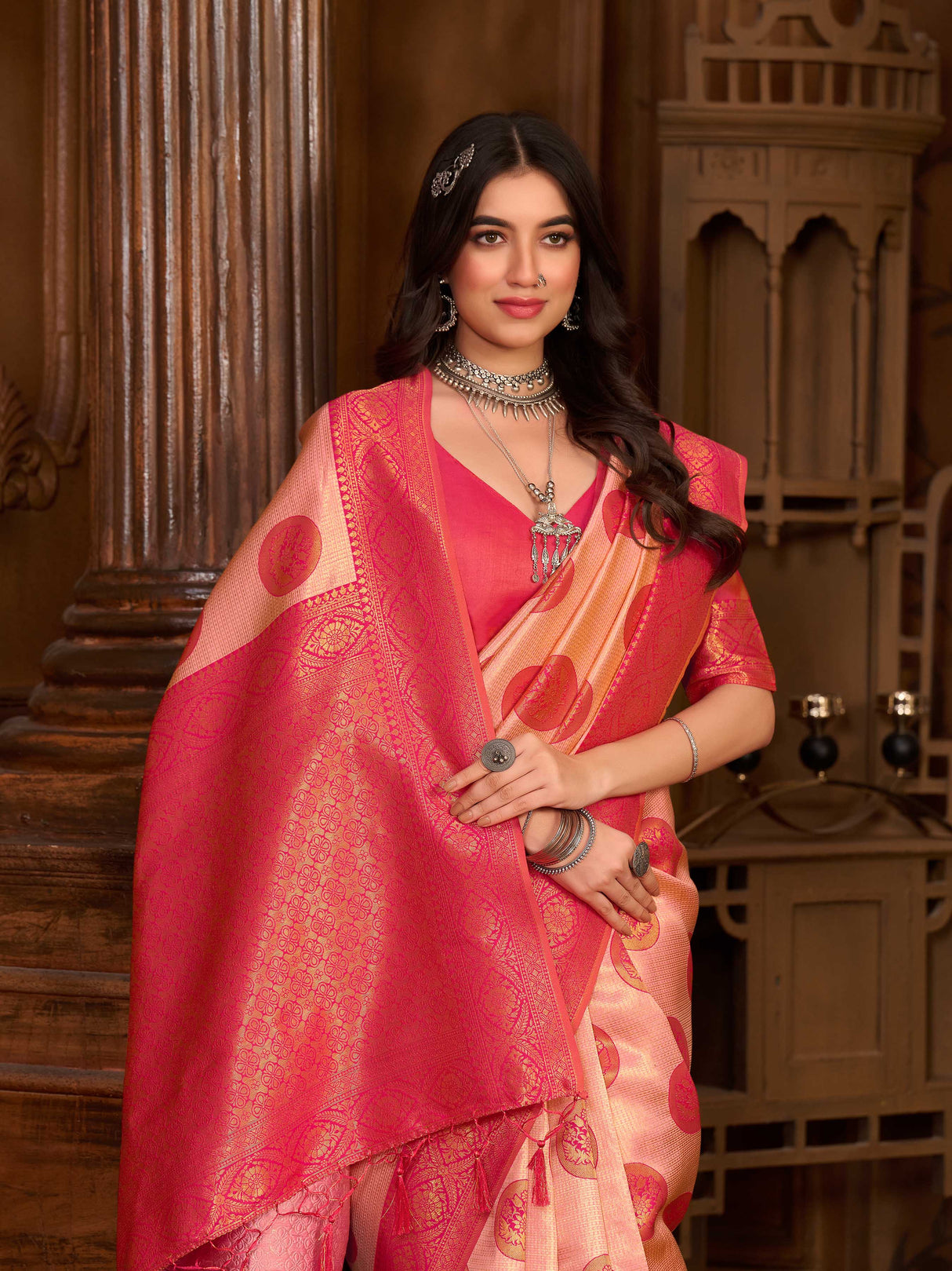 Mimosa Women's Woven Design Kanjivaram Art Silk Saree With Blouse Piece : SA0000889PNK