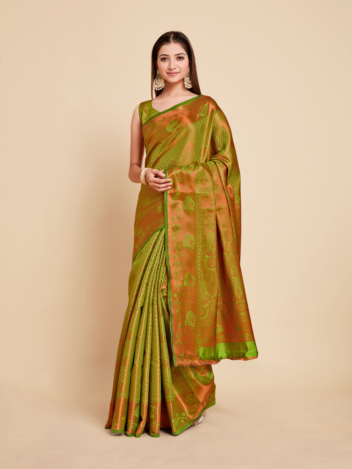 Mimosa Womens Art Silk Saree Kanjivaram Olive Color