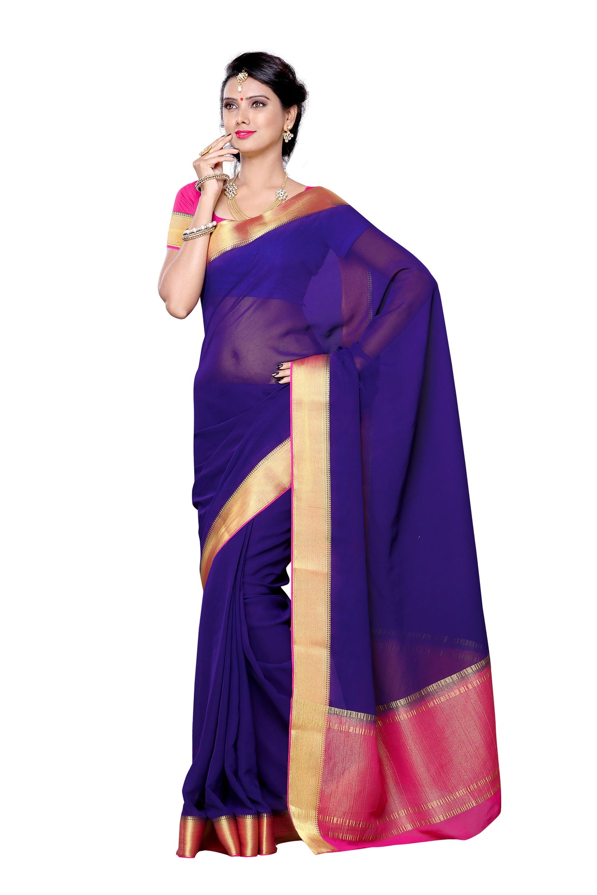 Mimosa Womens Chiffon Saree Kanjivaram style Navy Blue Color