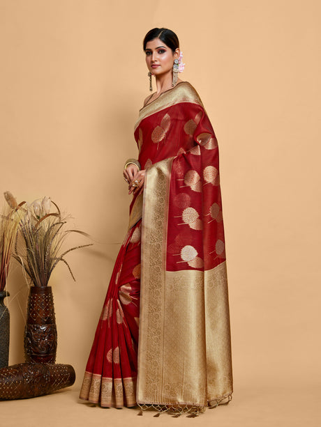 Mimosa Women's Woven Design Kanjivaram Linen Saree With Blouse Piece : SA00001234MRFREE