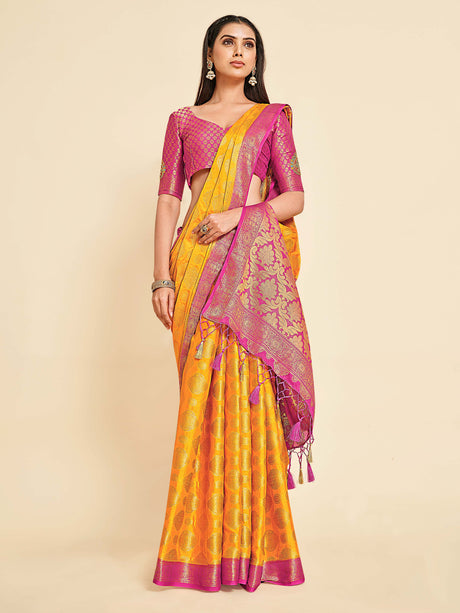 Mimosa Womens Crepe Saree Mysore Silk Gold Color