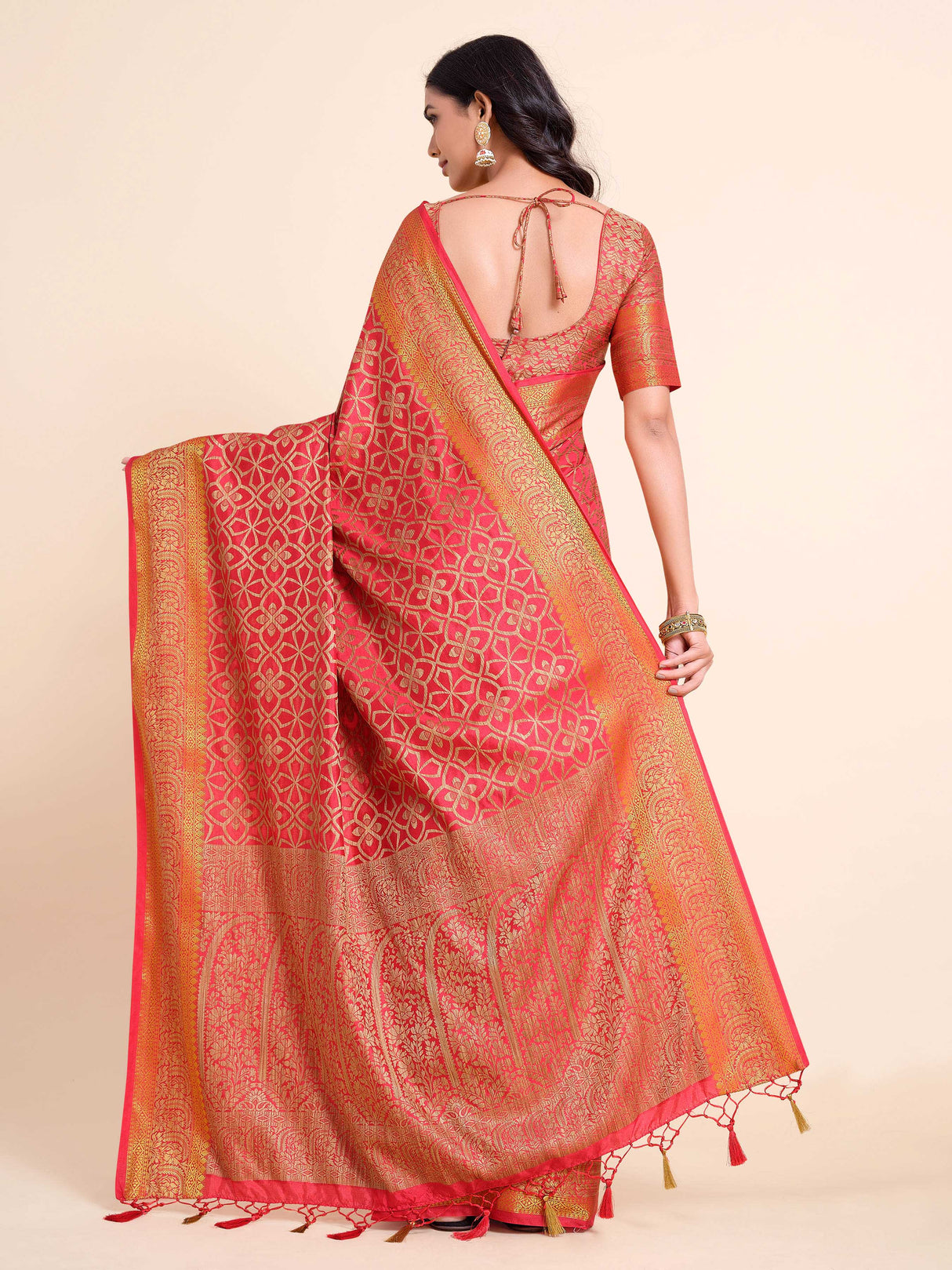 Mimosa Womens Art Silk Saree Kanjivaram Strawberry Color