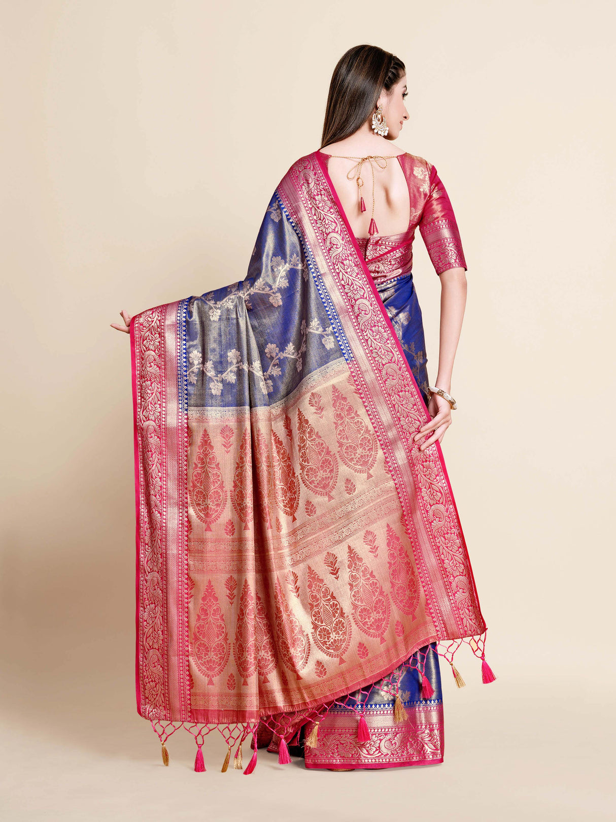 Mimosa Womens Art Silk Saree Kanjivaram Navy Blue Color