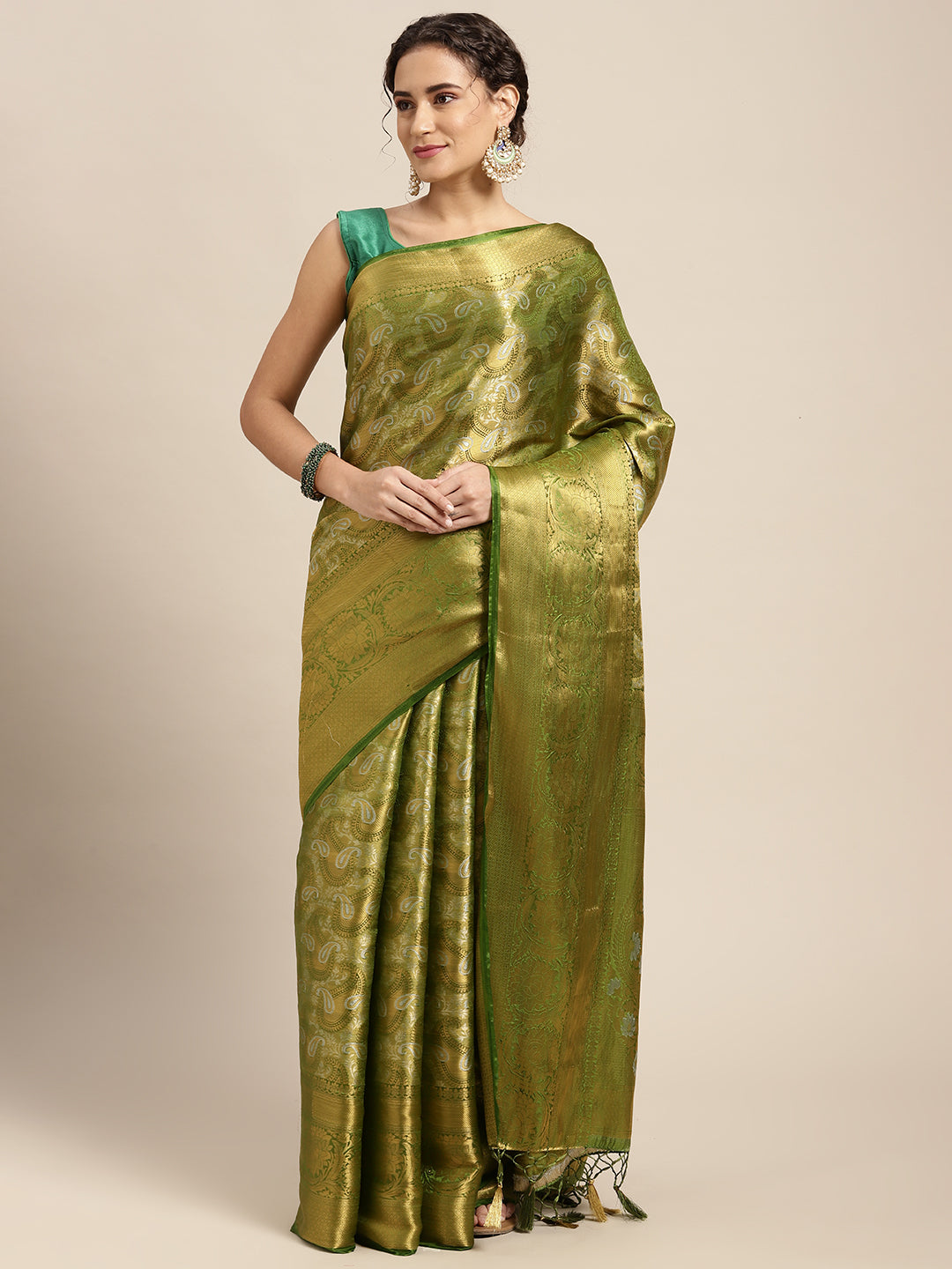 Mimosa Womens Art Silk Saree Kanjivaram Olive Color