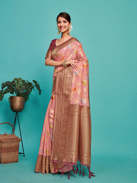 Mimosa Women's Woven Design Kanjivaram Linen Saree With Blouse Piece : SA00001245PNKFREE