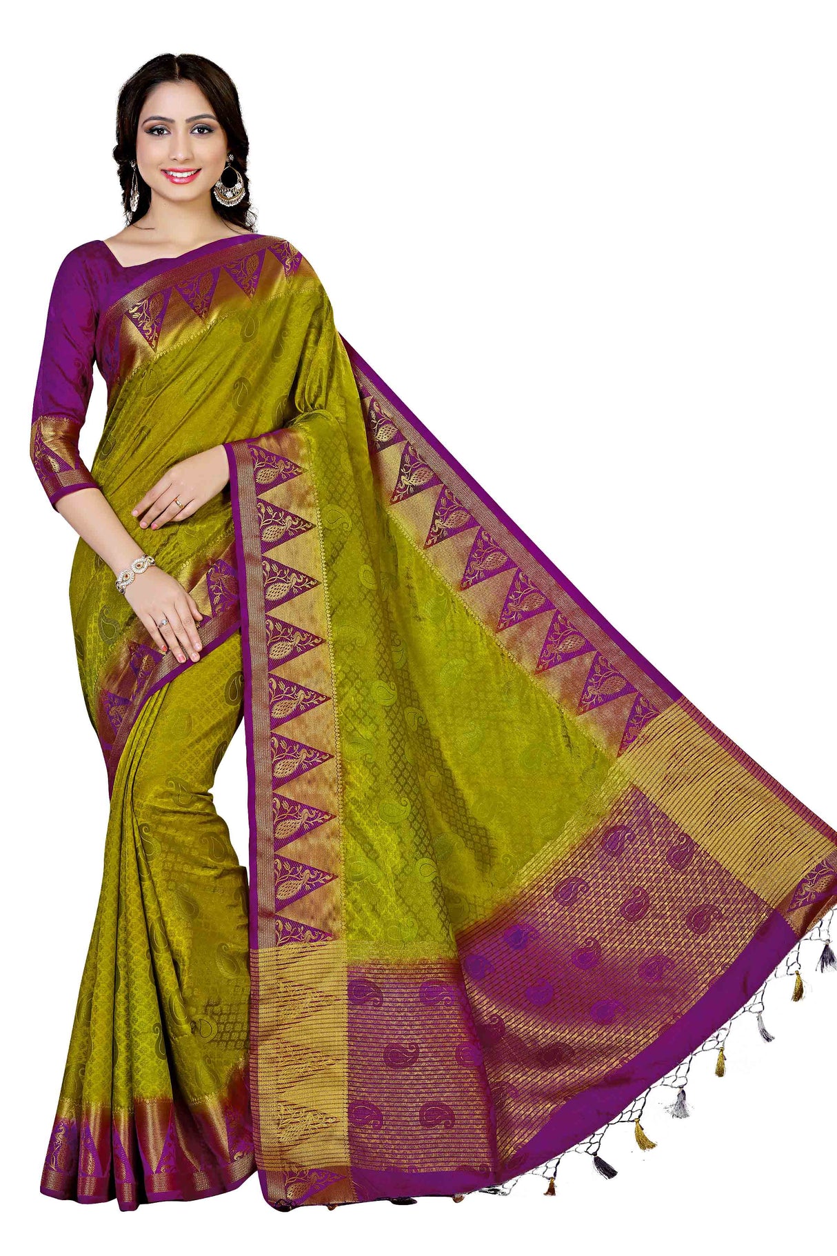 Mimosa Womens Tussar Silk Saree Kanjivaram style Olive Color