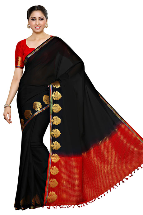 Mimosa Womens Crepe Saree Mysore Silk style Black Color