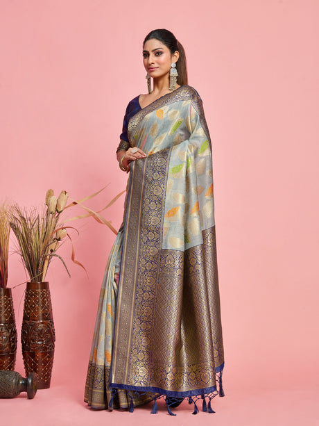 Mimosa Women's Woven Design Kanjivaram Linen Saree With Blouse Piece : SA00001245GYFREE