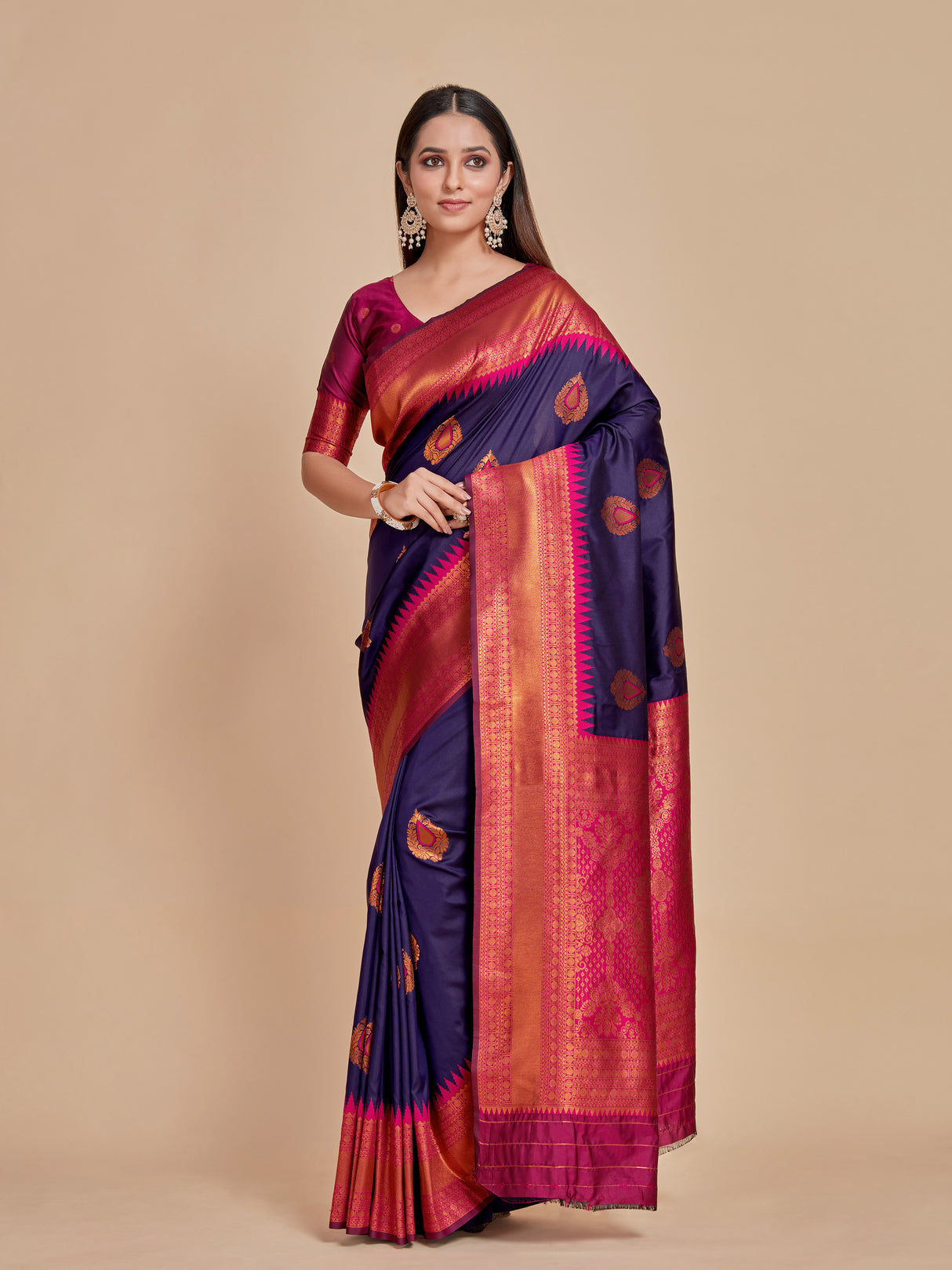 Mimosa Women's Woven Design Kanjivaram Style Art Silk Saree With Blouse Piece : SA00001377NVFREE