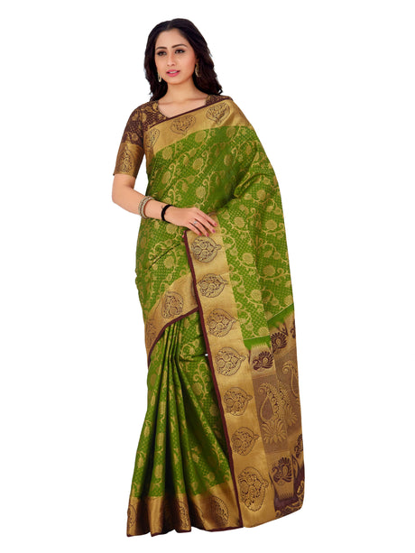 Mimosa Womens Art Silk Saree Kanjivaram Olive Color