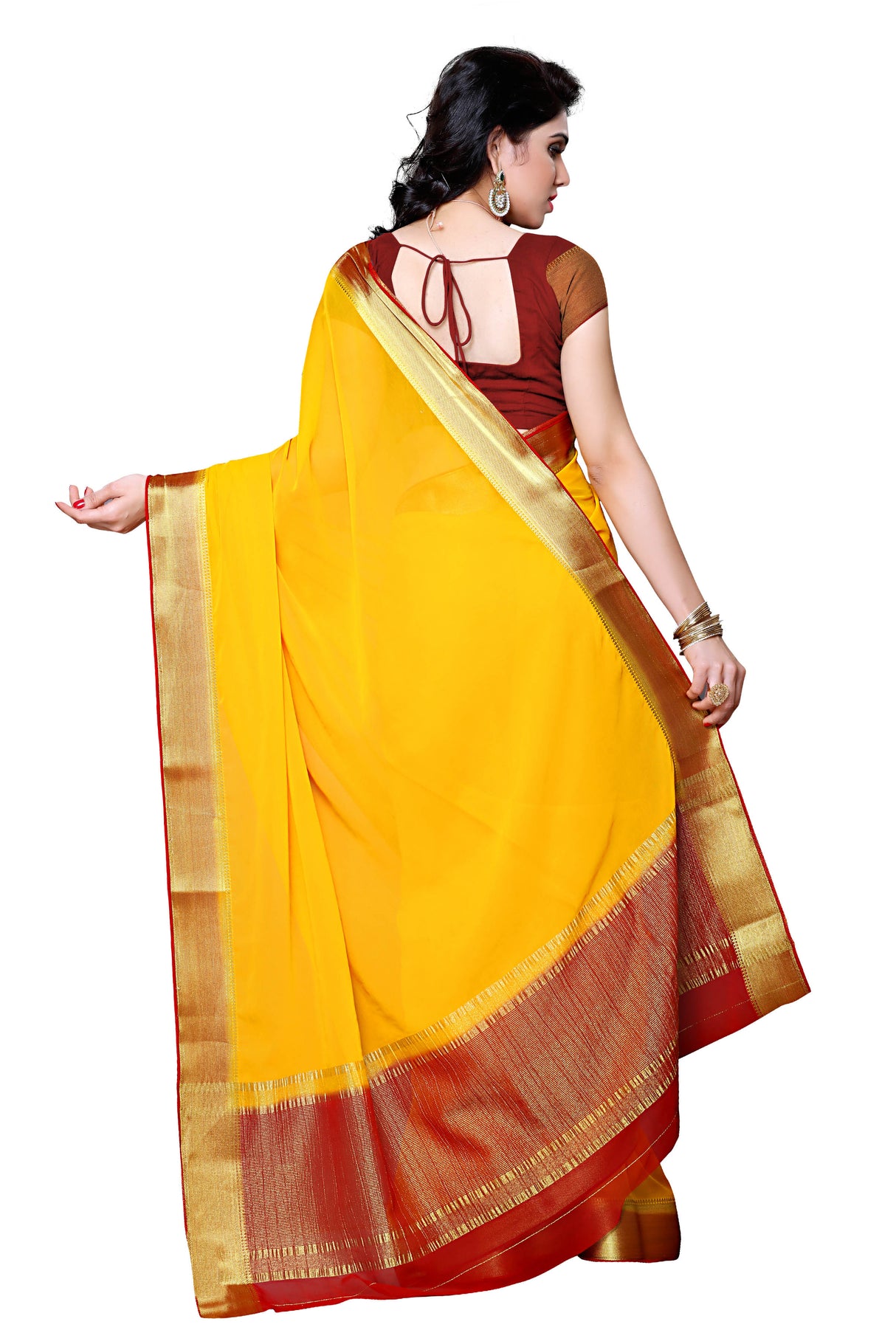 Mimosa Womens Chiffon Saree Kanjivaram style Gold Color