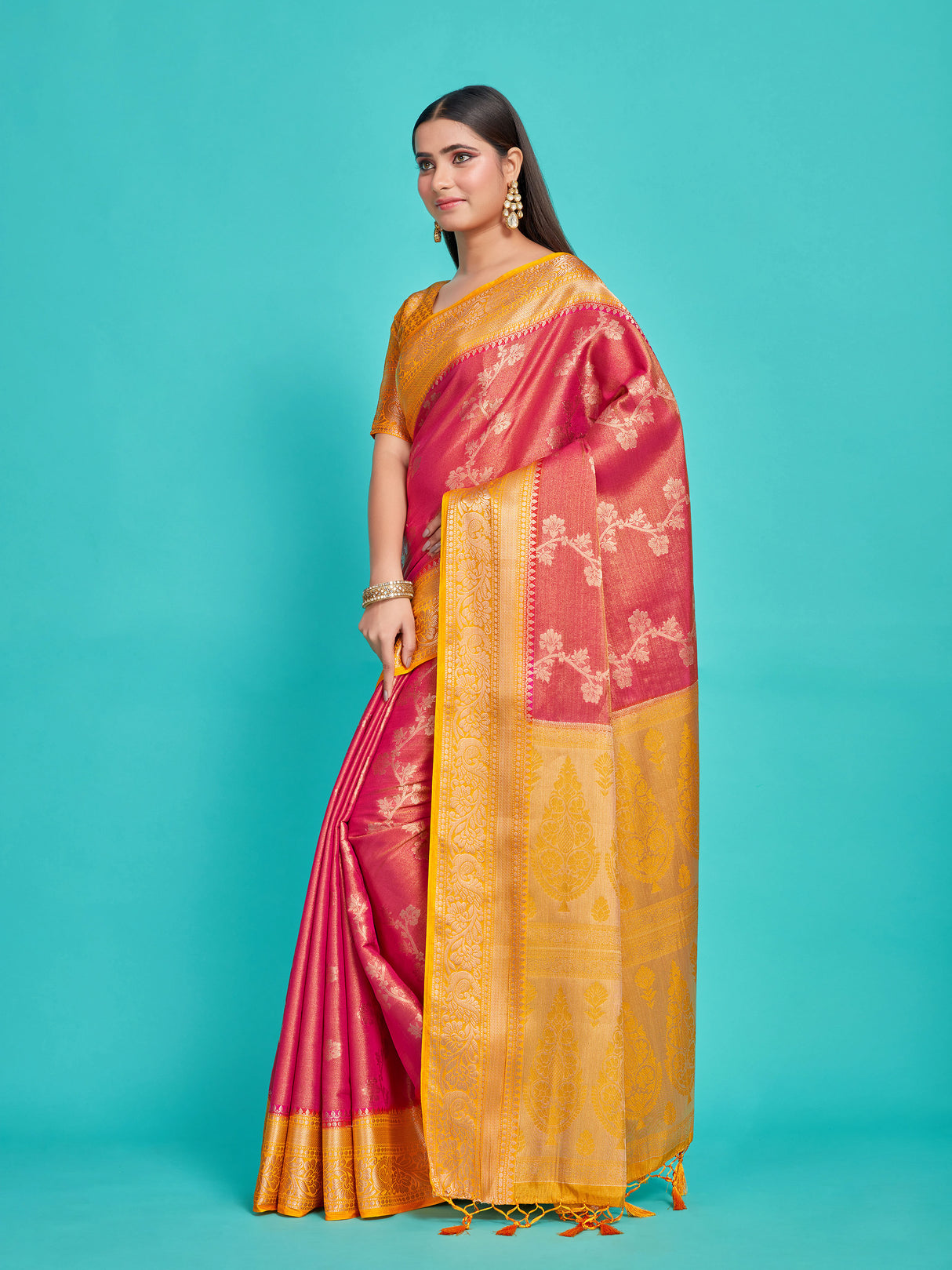 Mimosa Women's Woven Design Kanjivaram Style Art Silk Saree With Blouse Piece : SA0000394RNFREE