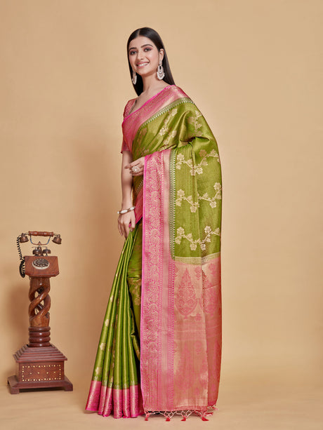 Mimosa Women's Woven Design Kanjivaram Style Art Silk Saree With Blouse Piece : SA0000394GRNFREE