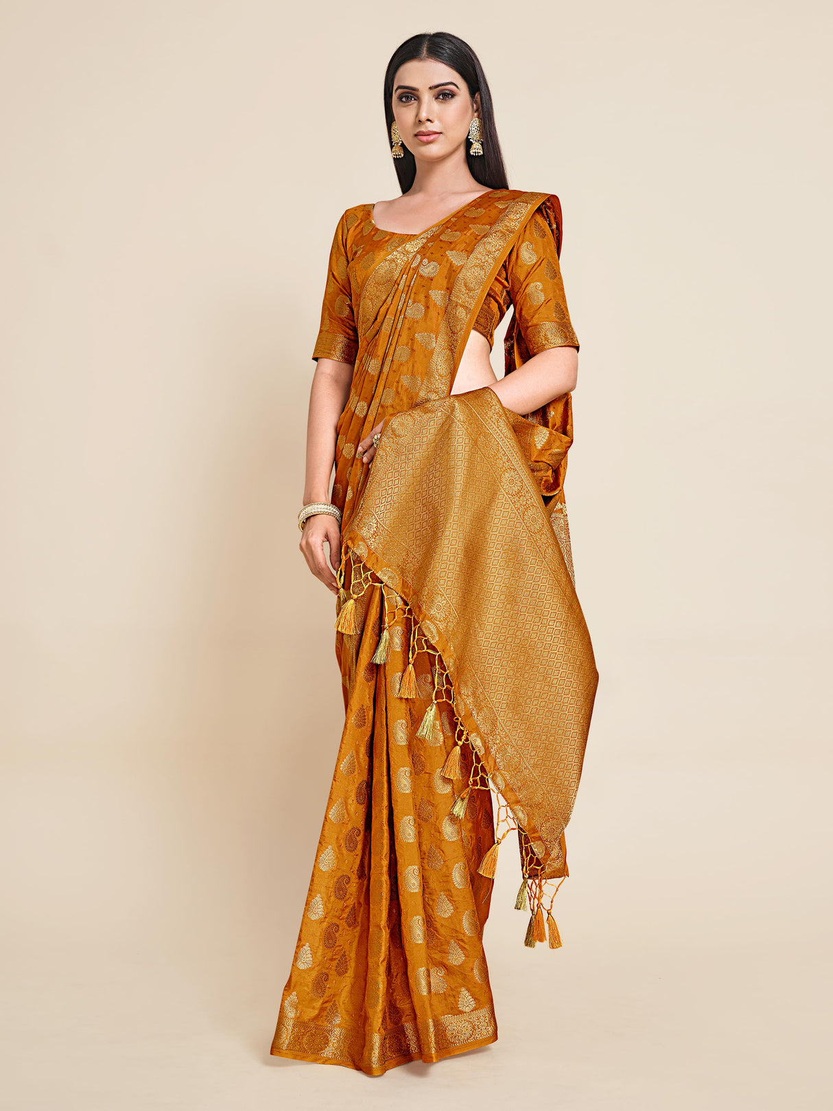 Mimosa Womens Art Silk Saree Kanjivaram Mustard Color