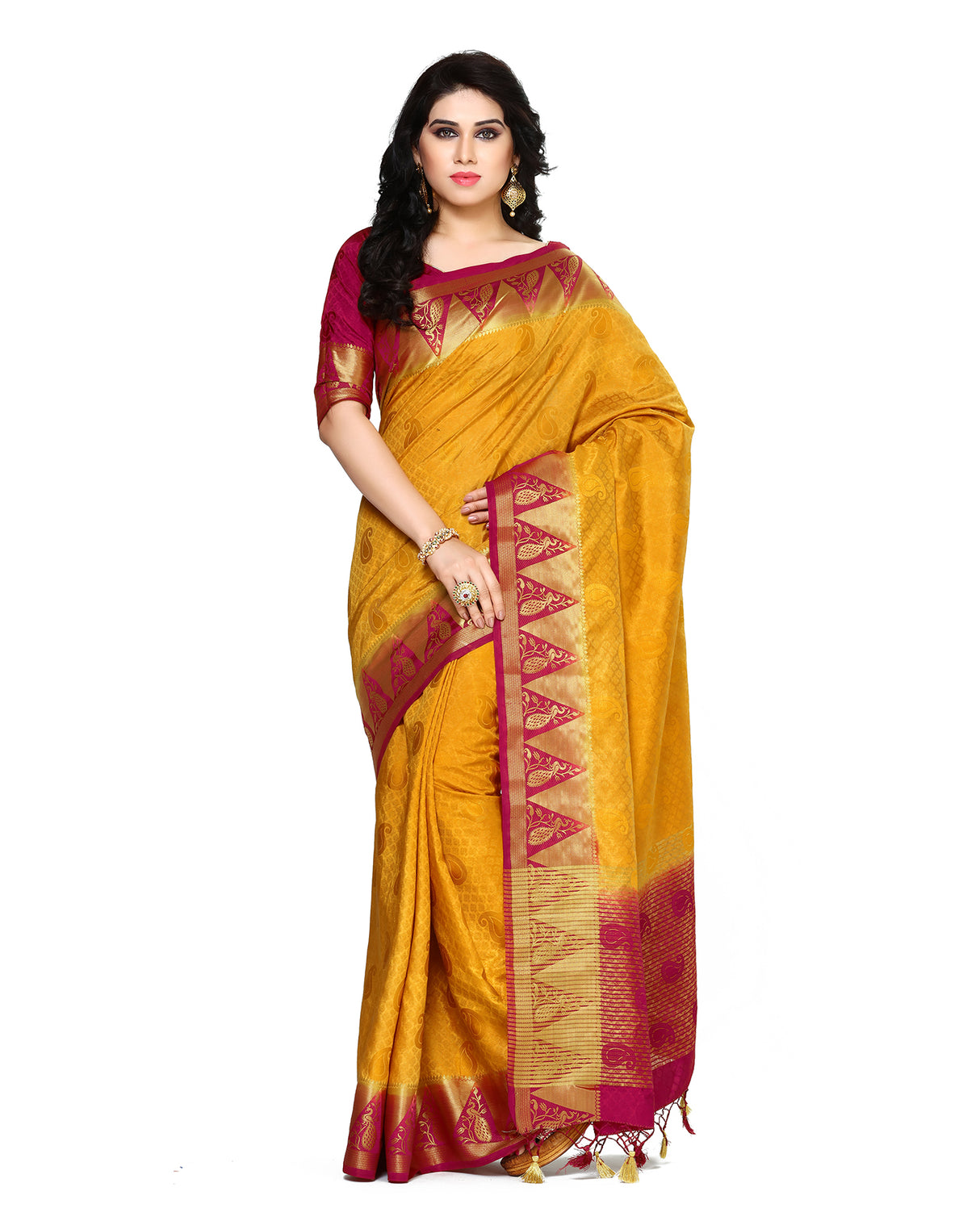 Mimosa Womens Tussar Silk Saree Kanjivaram style Mustard Color