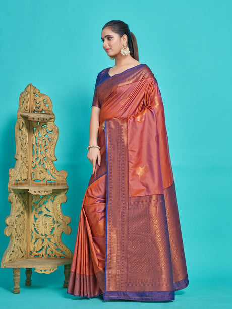 Mimosa Women's Woven Design Kanjivaram Style Art Silk Saree With Blouse Piece : SA00001385BRNFREE