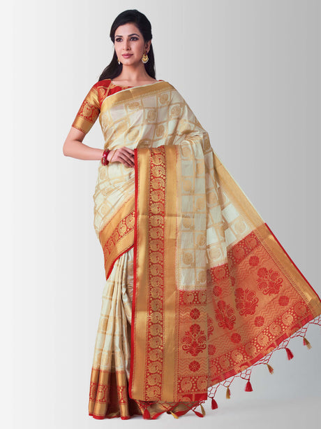 Mimosa Womens Art Silk Saree Kanjivaram Halfwhite Color