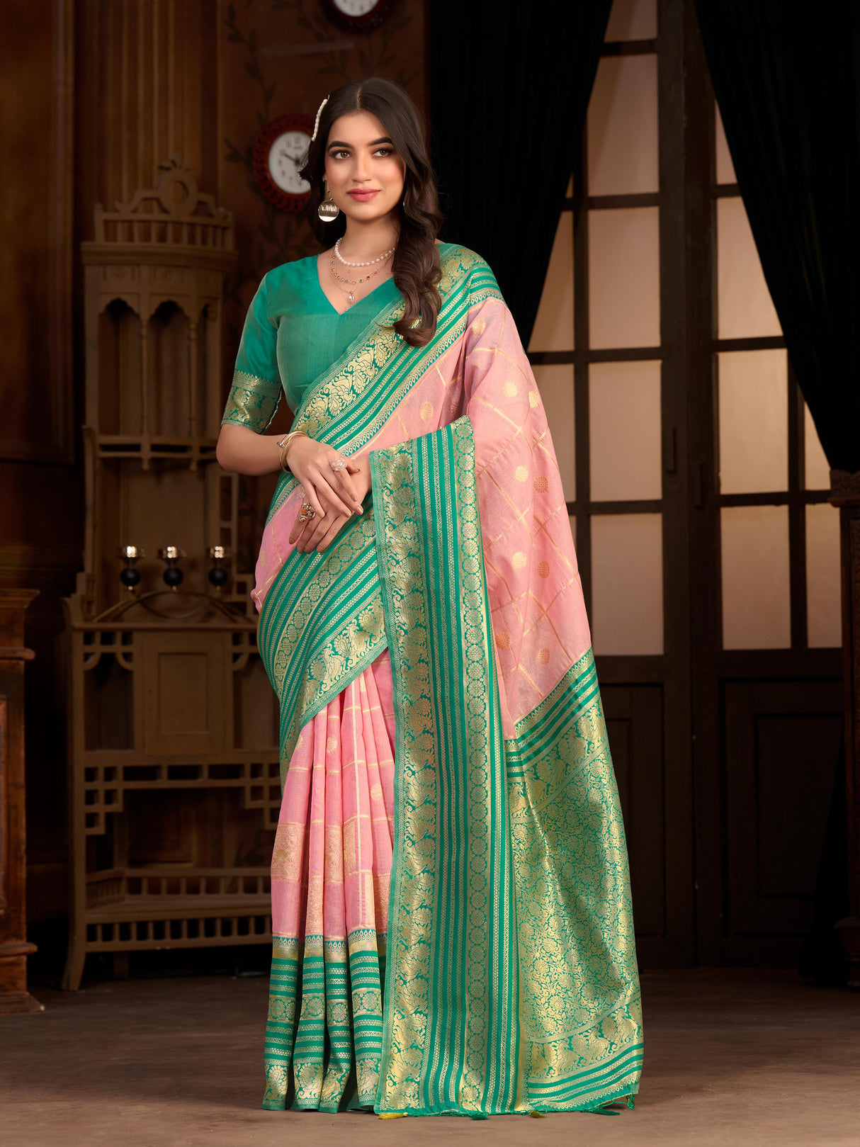 Mimosa Women's Woven Design Kanjivaram Style Art Silk Saree With Blouse Piece : SA0000870PNK