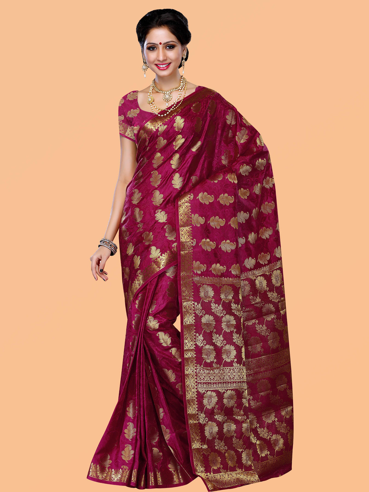 Mimosa Womens Tussar Silk Saree Kanjivaram style Mejanta Color