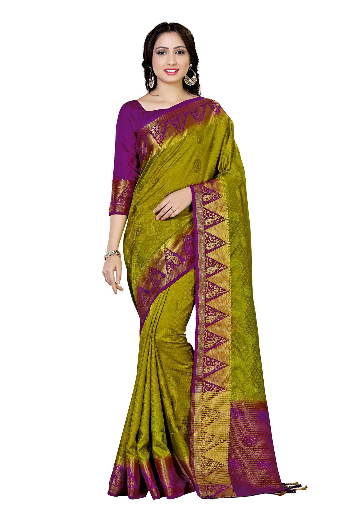 Mimosa Womens Tussar Silk Saree Kanjivaram style Olive Color