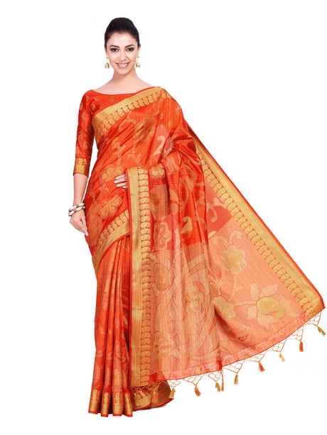 Mimosa Womens Art Silk Saree Kanjivaram Orange Color