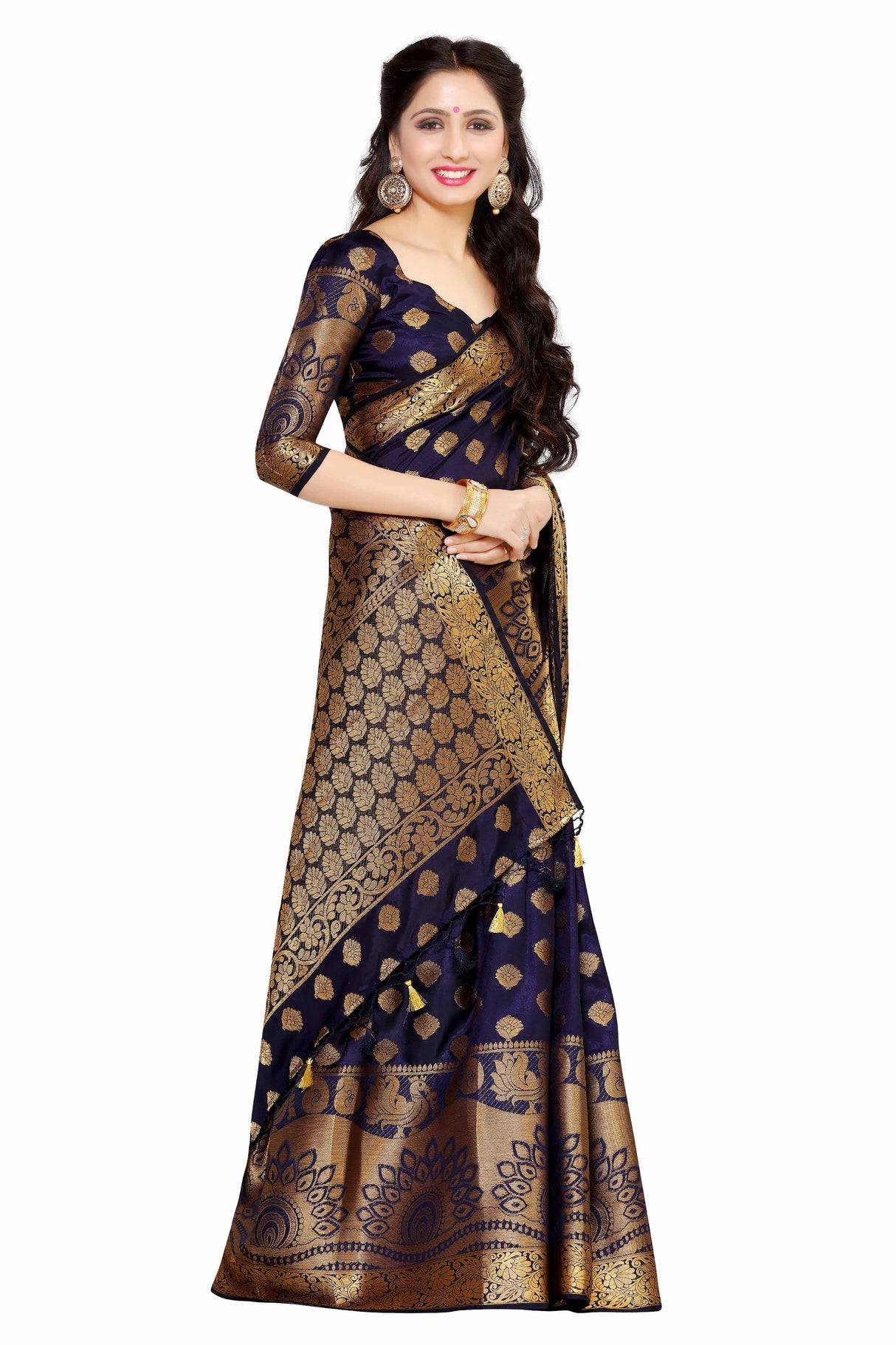 Mimosa Womens Art Silk Saree Kanjivaram Navy Blue Color