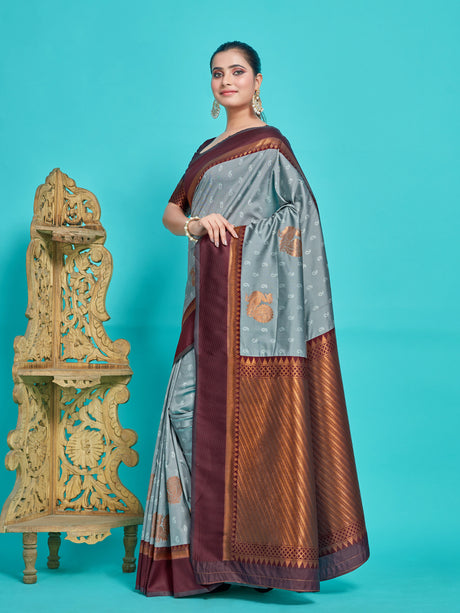 Mimosa Women's Woven Design Kanjivaram Style Art Silk Saree With Blouse Piece : SA00001387GYFREE