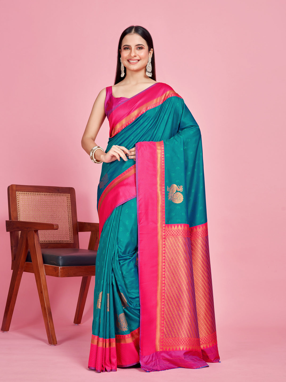 Mimosa Women's Woven Design Kanjivaram Style Art Silk Saree With Blouse Piece : SA00001387BLUFREE