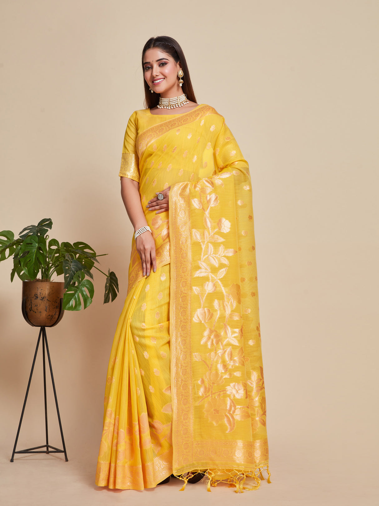 Mimosa Women's Woven Design Banarasi Style Poly Cotton Saree With Blouse Piece : SA00001079GD