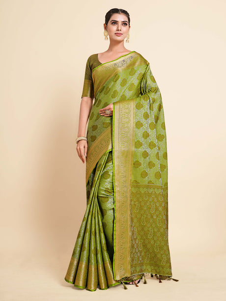 Mimosa Womens Art Silk Saree Kanjivaram Olive Color