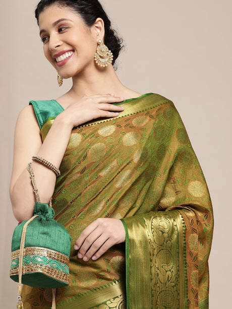 Mimosa Womens Art Silk Saree Kanjivaram Olive Color