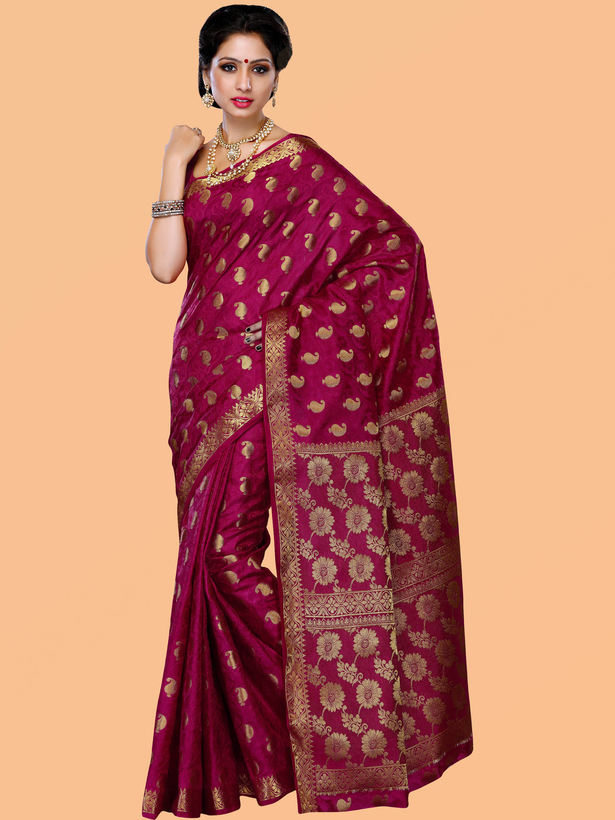 Mimosa Womens Tussar Silk Saree Kanjivaram style Mejanta Color