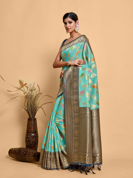 Mimosa Women's Woven Design Kanjivaram Linen Saree With Blouse Piece : SA00001245SFFREE