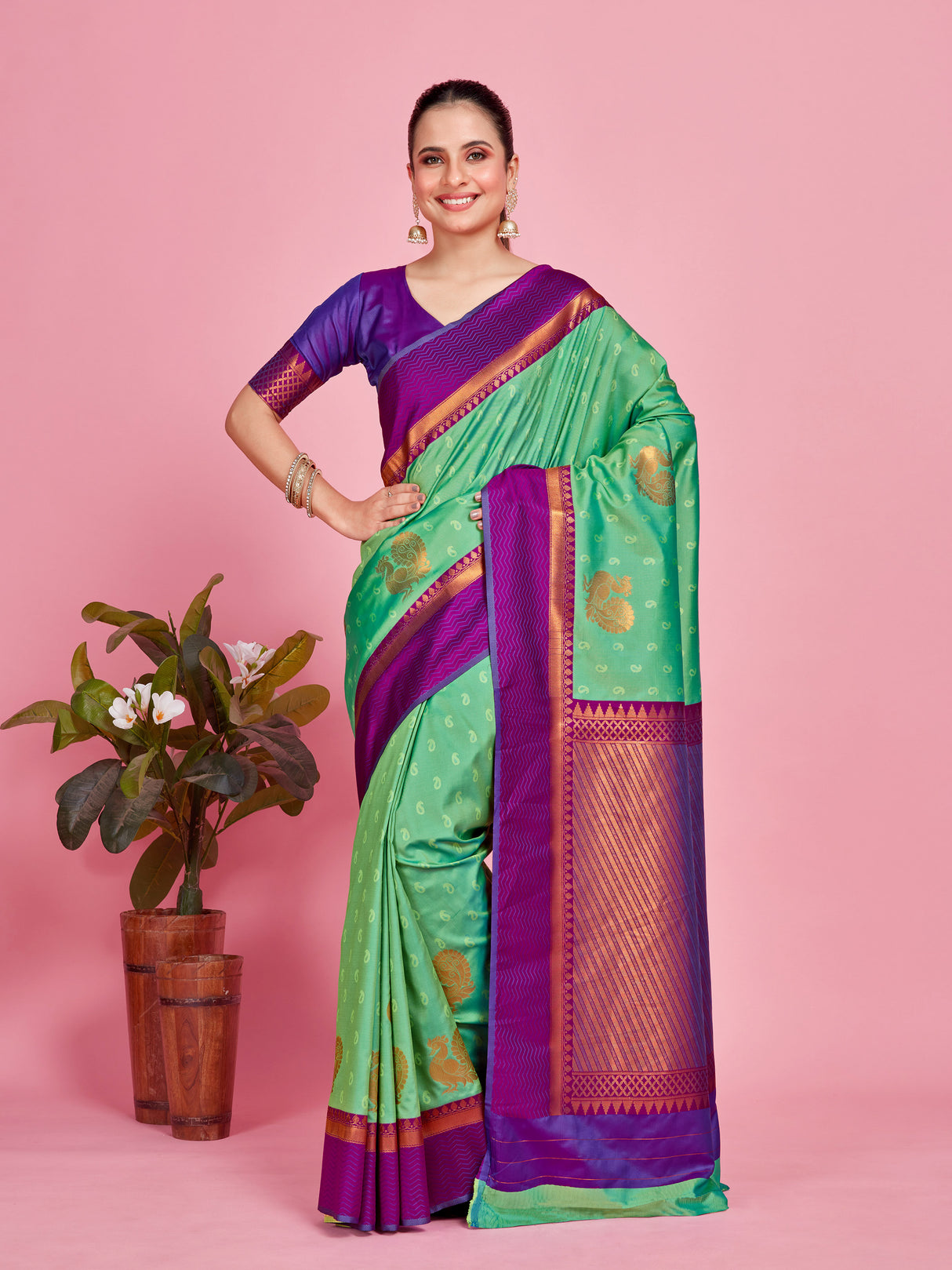 Mimosa Women's Woven Design Kanjivaram Style Art Silk Saree With Blouse Piece : SA00001387RMFREE