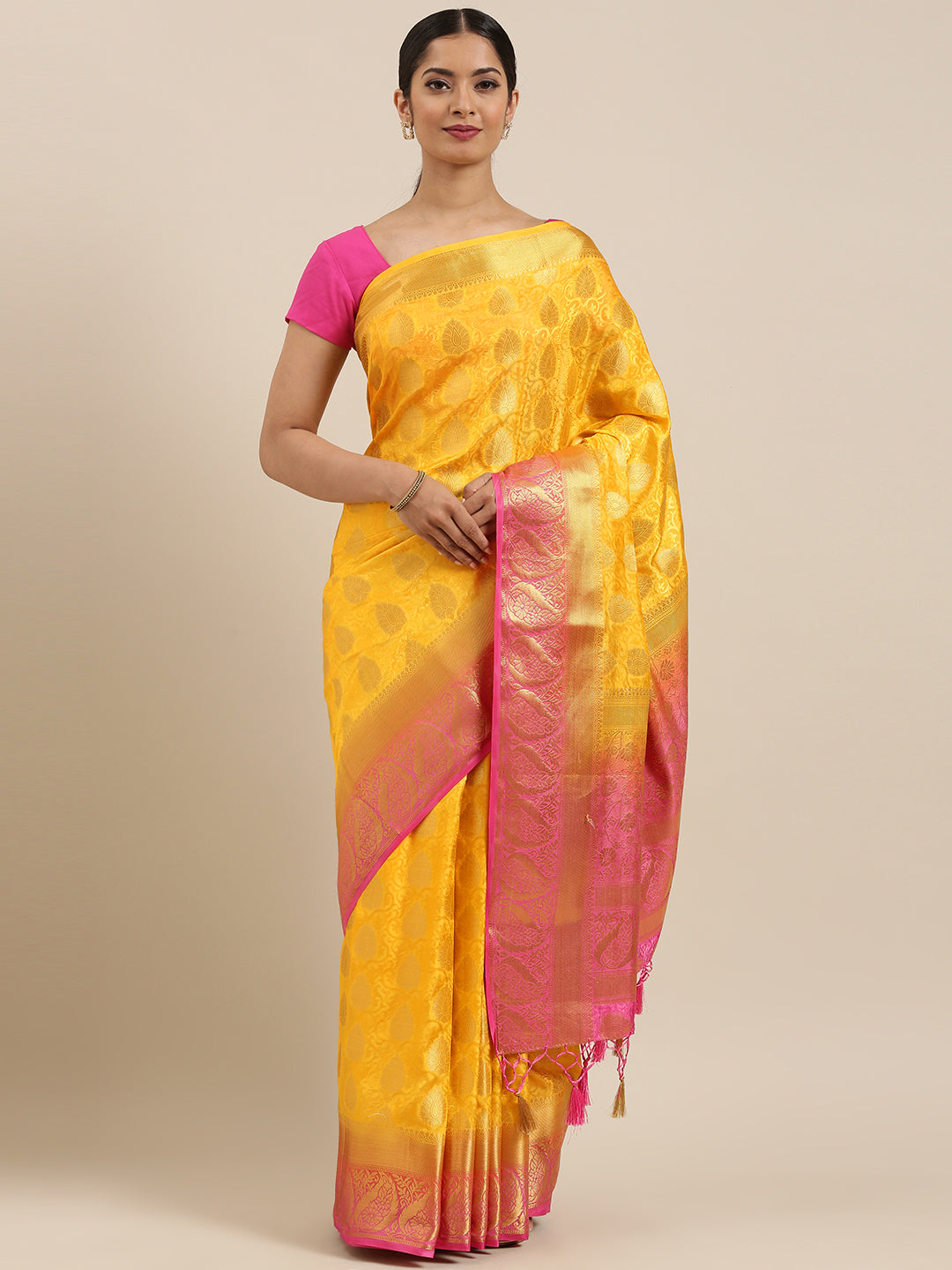 Mimosa Womens Art Silk Saree Kanjivaram Gold Color