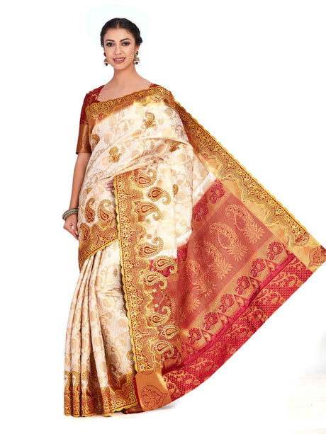 Mimosa Womens Art Silk Saree Kanjivaram Halfwhite Color