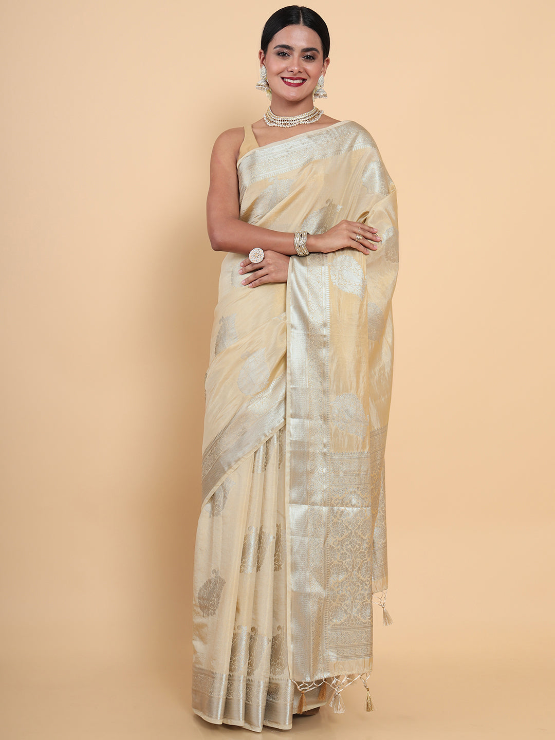 Mimosa Womens Art Silk Saree Kasavu Cream Color