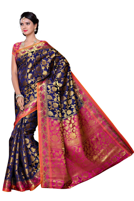 Mimosa Womens Art Silk Saree Kanjivaram Navy Blue Color