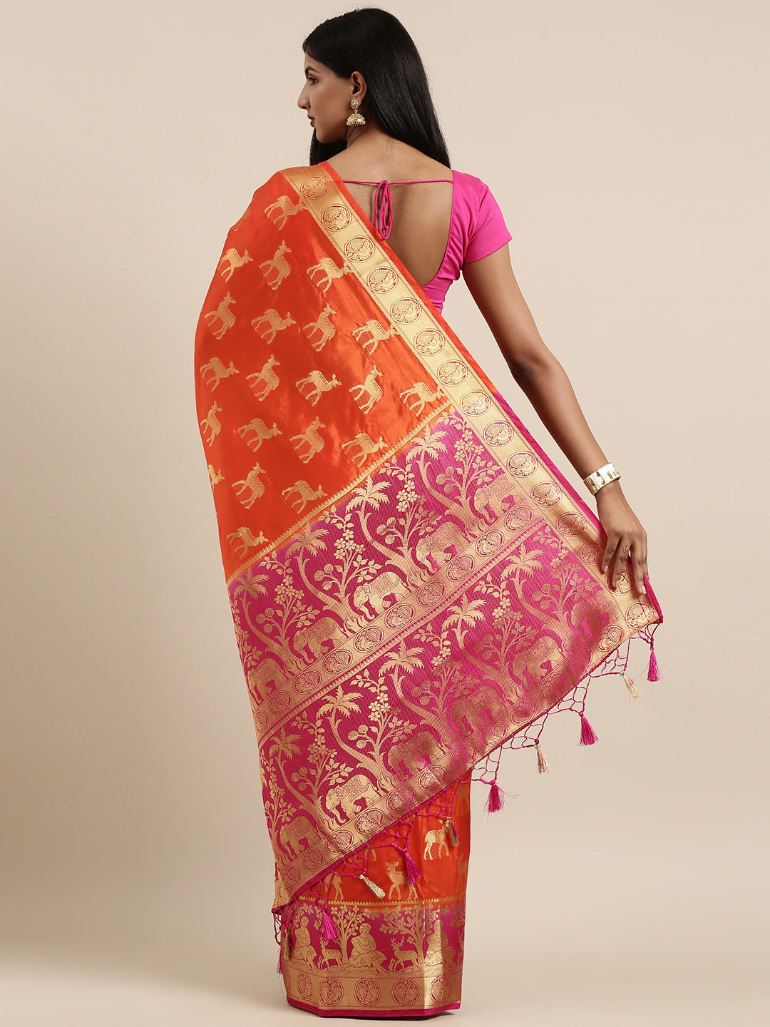 Mimosa Womens Art Silk Saree Kanjivaram Orange Color